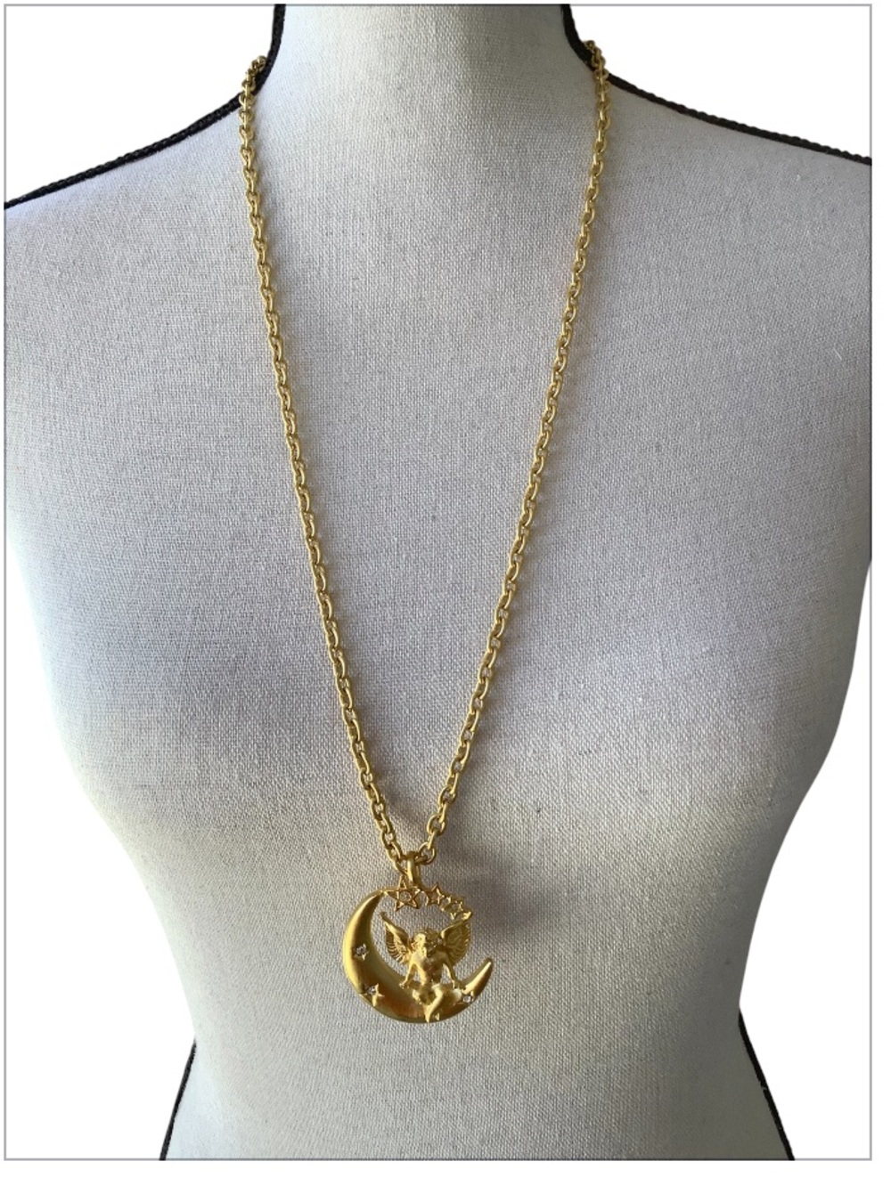 14k HGE Gold Crescent Moon and Angel Pendant 30” Necklace